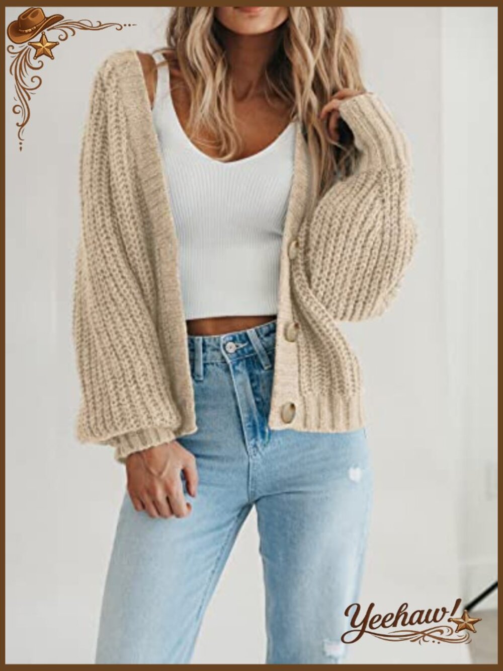 Chunky Knit Open Front Cardigan Long Sleeve Button Loose Short Sweater Coat - Picture 4 of 7
